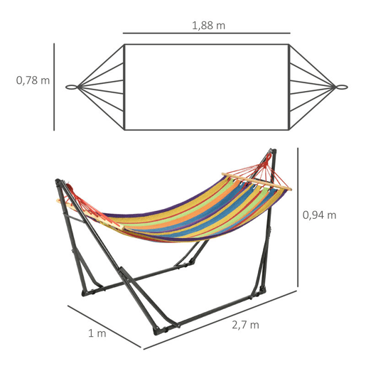 Outsunny Cama Rede com Suporte Dobrável 2 em 1 Estendal com Barra Estrutura de Aço Cama Rede de Campismo Portátil de Algodão Carga 120 kg para Jardim Pátio Terraço 270x100x94 cm Multicolor