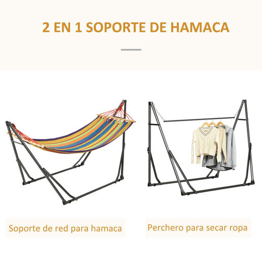 Outsunny Cama Rede com Suporte Dobrável 2 em 1 Estendal com Barra Estrutura de Aço Cama Rede de Campismo Portátil de Algodão Carga 120 kg para Jardim Pátio Terraço 270x100x94 cm Multicolor