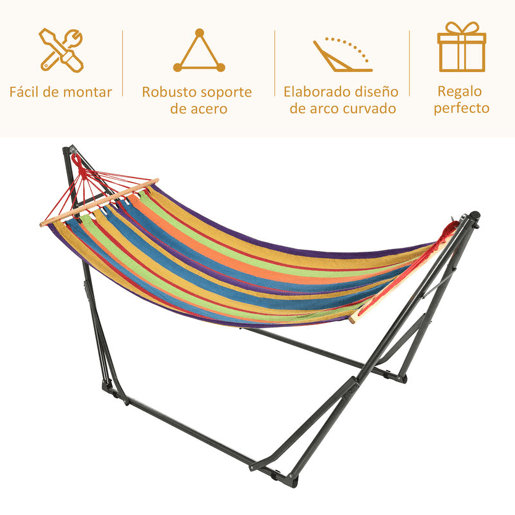 Outsunny Cama Rede com Suporte Dobrável 2 em 1 Estendal com Barra Estrutura de Aço Cama Rede de Campismo Portátil de Algodão Carga 120 kg para Jardim Pátio Terraço 270x100x94 cm Multicolor