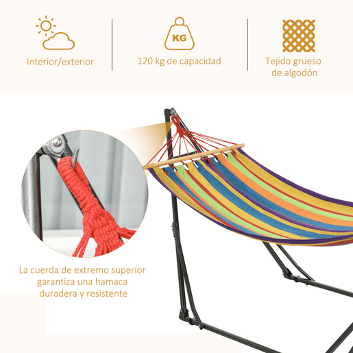 Outsunny Cama Rede com Suporte Dobrável 2 em 1 Estendal com Barra Estrutura de Aço Cama Rede de Campismo Portátil de Algodão Carga 120 kg para Jardim Pátio Terraço 270x100x94 cm Multicolor