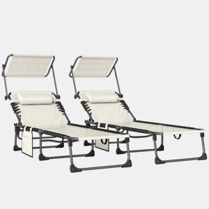 Outsunny Conjunto de 2 Espreguiçadeiras Jardim Exterior Espreguiçadeiras Dobráveis com Apoio de Cabeça Chapéu de Sol e Bolso Lateral Encosto Reclinável 5 Posições e Assento em Malha Respirável para Praia Piscina Creme