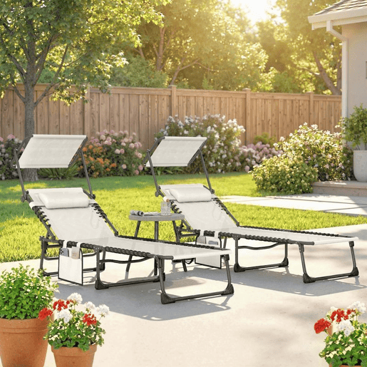 Outsunny Conjunto de 2 Espreguiçadeiras Jardim Exterior Espreguiçadeiras Dobráveis com Apoio de Cabeça Chapéu de Sol e Bolso Lateral Encosto Reclinável 5 Posições e Assento em Malha Respirável para Praia Piscina Creme