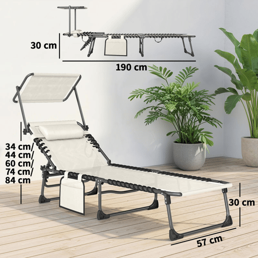 Outsunny Conjunto de 2 Espreguiçadeiras Jardim Exterior Espreguiçadeiras Dobráveis com Apoio de Cabeça Chapéu de Sol e Bolso Lateral Encosto Reclinável 5 Posições e Assento em Malha Respirável para Praia Piscina Creme