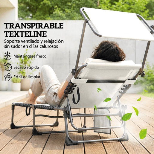 Outsunny Conjunto de 2 Espreguiçadeiras Jardim Exterior Espreguiçadeiras Dobráveis com Apoio de Cabeça Chapéu de Sol e Bolso Lateral Encosto Reclinável 5 Posições e Assento em Malha Respirável para Praia Piscina Creme