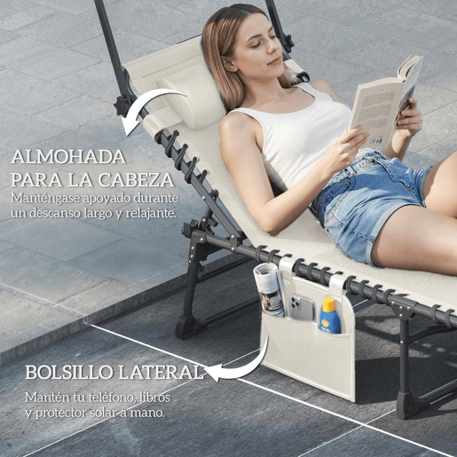 Outsunny Conjunto de 2 Espreguiçadeiras Jardim Exterior Espreguiçadeiras Dobráveis com Apoio de Cabeça Chapéu de Sol e Bolso Lateral Encosto Reclinável 5 Posições e Assento em Malha Respirável para Praia Piscina Creme