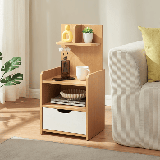 Mesa de cabeceira Bordkak com prateleira gaveta 75x35x30 cm aspeto carvalhobranco en.casa