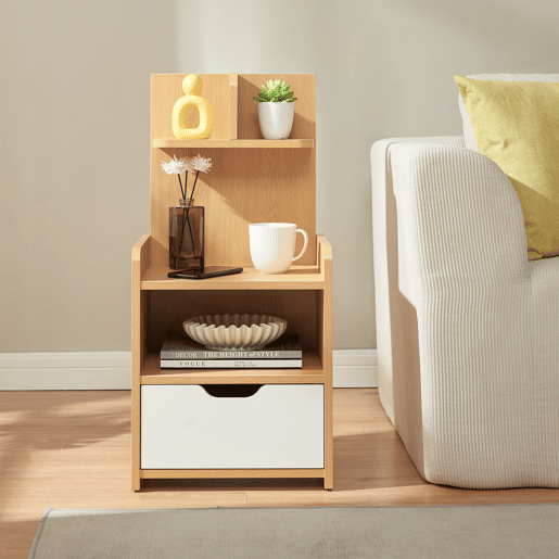 Mesa de cabeceira Bordkak com prateleira gaveta 75x35x30 cm aspeto carvalhobranco en.casa