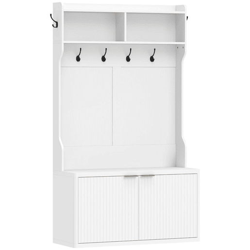 HOMCOM Móvel Cabide de Entrada Sapateira com 2 Portas Prateleiras Abertas 6 Ganchos para Corredor Quarto Sala de Estar Estilo Moderno 100x38x172 cm Branco