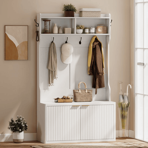 HOMCOM Móvel Cabide de Entrada Sapateira com 2 Portas Prateleiras Abertas 6 Ganchos para Corredor Quarto Sala de Estar Estilo Moderno 100x38x172 cm Branco