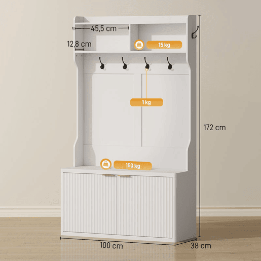 HOMCOM Móvel Cabide de Entrada Sapateira com 2 Portas Prateleiras Abertas 6 Ganchos para Corredor Quarto Sala de Estar Estilo Moderno 100x38x172 cm Branco