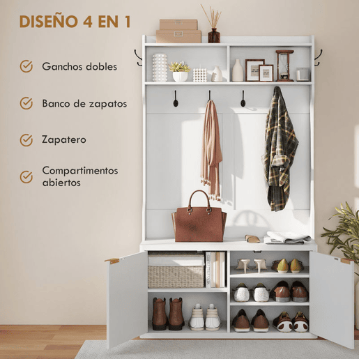 HOMCOM Móvel Cabide de Entrada Sapateira com 2 Portas Prateleiras Abertas 6 Ganchos para Corredor Quarto Sala de Estar Estilo Moderno 100x38x172 cm Branco