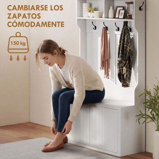 HOMCOM Móvel Cabide de Entrada Sapateira com 2 Portas Prateleiras Abertas 6 Ganchos para Corredor Quarto Sala de Estar Estilo Moderno 100x38x172 cm Branco