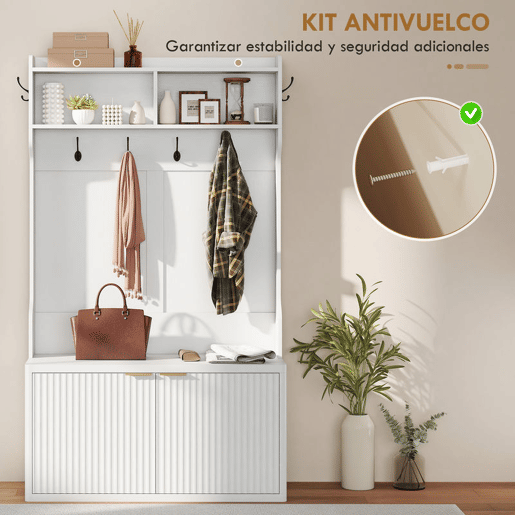 HOMCOM Móvel Cabide de Entrada Sapateira com 2 Portas Prateleiras Abertas 6 Ganchos para Corredor Quarto Sala de Estar Estilo Moderno 100x38x172 cm Branco