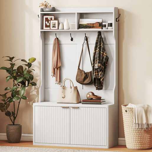 HOMCOM Móvel Cabide de Entrada Sapateira com 2 Portas Prateleiras Abertas 6 Ganchos para Corredor Quarto Sala de Estar Estilo Moderno 100x38x172 cm Branco