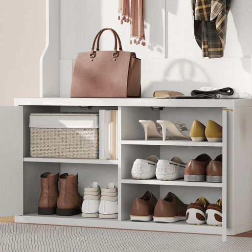 HOMCOM Móvel Cabide de Entrada Sapateira com 2 Portas Prateleiras Abertas 6 Ganchos para Corredor Quarto Sala de Estar Estilo Moderno 100x38x172 cm Branco