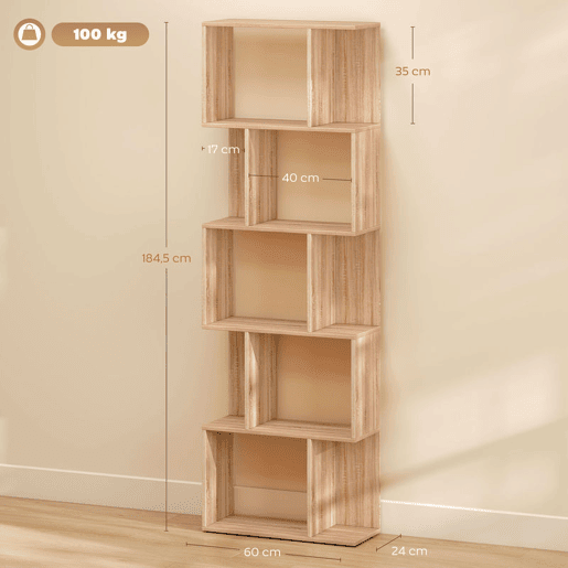 HOMCOM Estante de 5 Níveis, Estante para Livros em Forma de S com 10 Prateleiras, para Sala de Estar, Quarto, Escritório, 60x24x184,5 cm, Natural