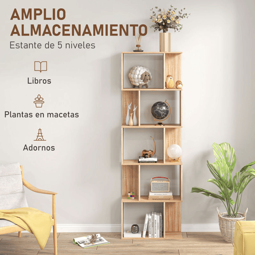 HOMCOM Estante de 5 Níveis, Estante para Livros em Forma de S com 10 Prateleiras, para Sala de Estar, Quarto, Escritório, 60x24x184,5 cm, Natural