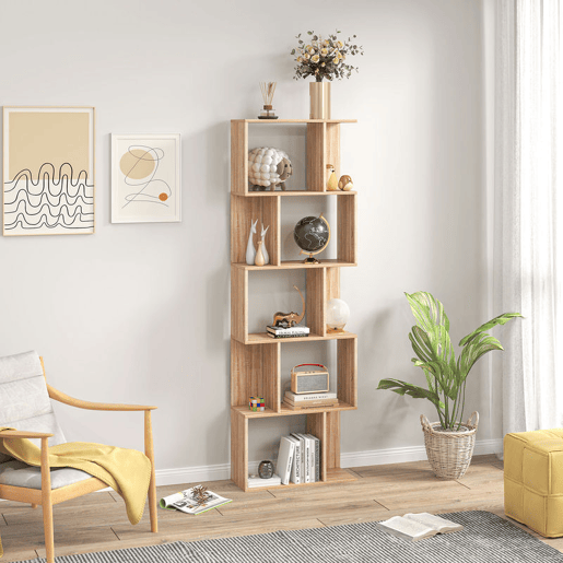 HOMCOM Estante de 5 Níveis, Estante para Livros em Forma de S com 10 Prateleiras, para Sala de Estar, Quarto, Escritório, 60x24x184,5 cm, Natural