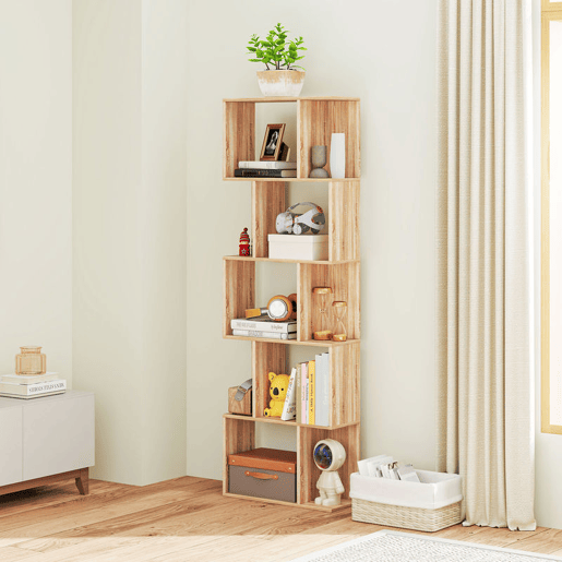 HOMCOM Estante de 5 Níveis, Estante para Livros em Forma de S com 10 Prateleiras, para Sala de Estar, Quarto, Escritório, 60x24x184,5 cm, Natural