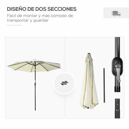 Outsunny Guarda-sol de Jardim Ø300x250 cm com Manivela, Chapéu de Sol Exterior com Mecanismo de Inclinação e Poste Desmontável de Metal para Terraço, Piscina e Pátio Bege