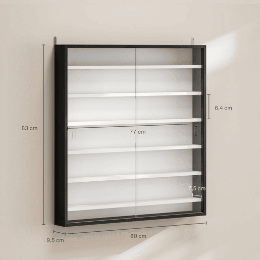 HOMCOM Vitrina Expositora para Coleções de 7 Níveis, Vitrina de Parede com Prateleiras Ajustáveis e 2 Portas Deslizantes de Vidro, para Perfumes, Figuras Decorativas, 80x9,5x83 cm, Preto