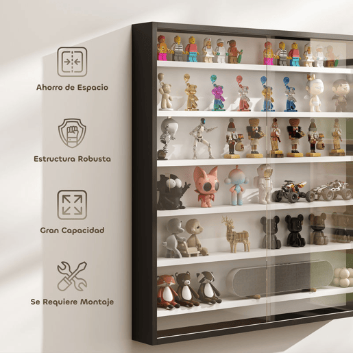 HOMCOM Vitrina Expositora para Coleções de 7 Níveis, Vitrina de Parede com Prateleiras Ajustáveis e 2 Portas Deslizantes de Vidro, para Perfumes, Figuras Decorativas, 80x9,5x83 cm, Preto