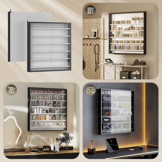 HOMCOM Vitrina Expositora para Coleções de 7 Níveis, Vitrina de Parede com Prateleiras Ajustáveis e 2 Portas Deslizantes de Vidro, para Perfumes, Figuras Decorativas, 80x9,5x83 cm, Preto