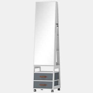 HOMCOM Espelho Armário para Jóias com Luzes LED no Interior, Armário com Espelho de Corpo Inteiro, Rotativo 360°, com Rodas, Prateleiras Abertas e Gavetas de Tecido, Branco com Forro Creme