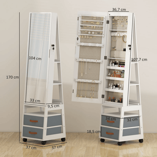 HOMCOM Espelho Armário para Jóias com Luzes LED no Interior, Armário com Espelho de Corpo Inteiro, Rotativo 360°, com Rodas, Prateleiras Abertas e Gavetas de Tecido, Branco com Forro Creme