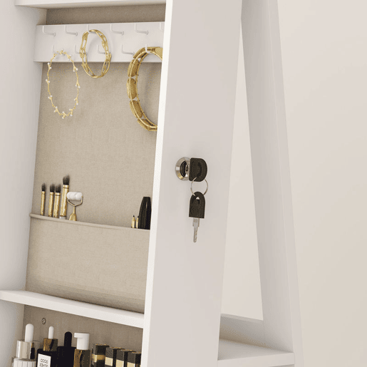 HOMCOM Espelho Armário para Jóias com Luzes LED no Interior, Armário com Espelho de Corpo Inteiro, Rotativo 360°, com Rodas, Prateleiras Abertas e Gavetas de Tecido, Branco com Forro Creme