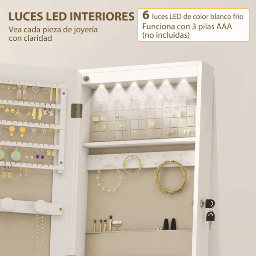 HOMCOM Espelho Armário para Jóias com Luzes LED no Interior, Armário com Espelho de Corpo Inteiro, Rotativo 360°, com Rodas, Prateleiras Abertas e Gavetas de Tecido, Branco com Forro Creme