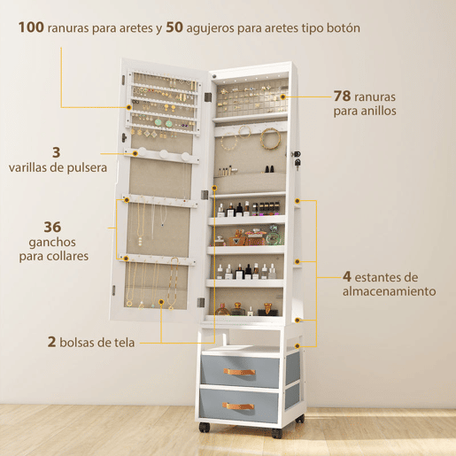 HOMCOM Espelho Armário para Jóias com Luzes LED no Interior, Armário com Espelho de Corpo Inteiro, Rotativo 360°, com Rodas, Prateleiras Abertas e Gavetas de Tecido, Branco com Forro Creme