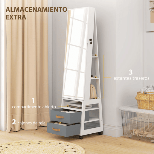 HOMCOM Espelho Armário para Jóias com Luzes LED no Interior, Armário com Espelho de Corpo Inteiro, Rotativo 360°, com Rodas, Prateleiras Abertas e Gavetas de Tecido, Branco com Forro Creme