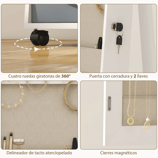 HOMCOM Espelho Armário para Jóias com Luzes LED no Interior, Armário com Espelho de Corpo Inteiro, Rotativo 360°, com Rodas, Prateleiras Abertas e Gavetas de Tecido, Branco com Forro Creme