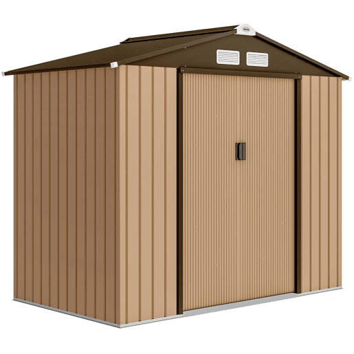 Outsunny Casota de Jardim Exterior 2,42 m², 213x130x185 cm, Abrigo de Jardim Metálico com Portas de Correr, Ventilação e Luvas para Armazenamento de Ferramentas, Amarelo