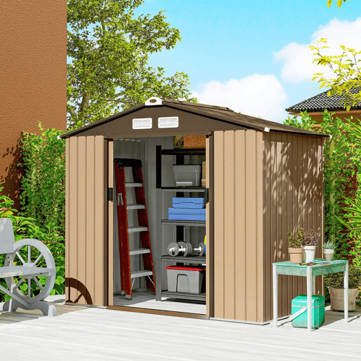 Outsunny Casota de Jardim Exterior 2,42 m², 213x130x185 cm, Abrigo de Jardim Metálico com Portas de Correr, Ventilação e Luvas para Armazenamento de Ferramentas, Amarelo