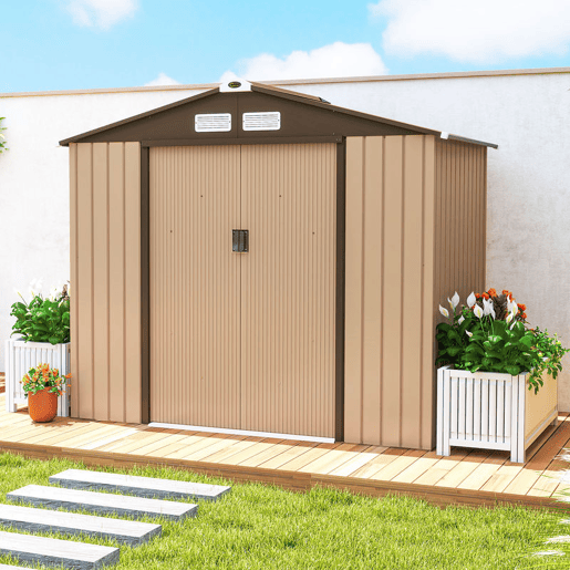 Outsunny Casota de Jardim Exterior 2,42 m², 213x130x185 cm, Abrigo de Jardim Metálico com Portas de Correr, Ventilação e Luvas para Armazenamento de Ferramentas, Amarelo
