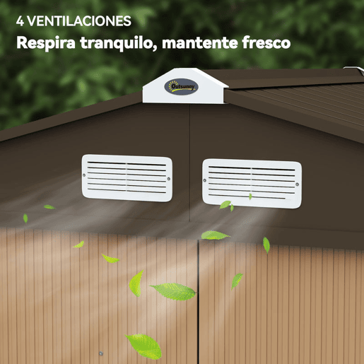 Outsunny Casota de Jardim Exterior 2,42 m², 213x130x185 cm, Abrigo de Jardim Metálico com Portas de Correr, Ventilação e Luvas para Armazenamento de Ferramentas, Amarelo
