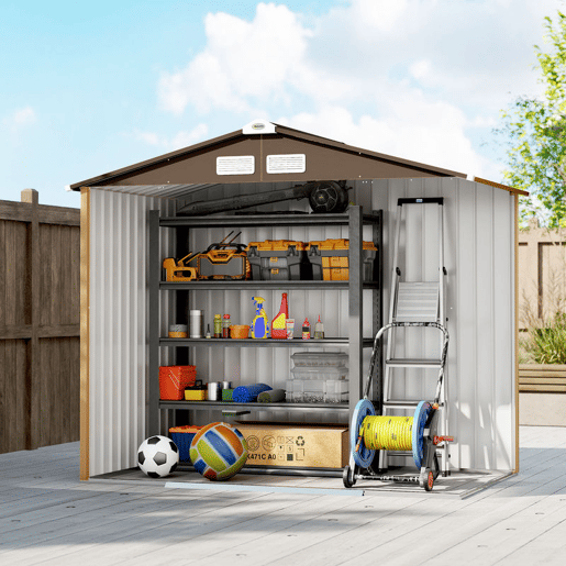 Outsunny Casota de Jardim Exterior 2,42 m², 213x130x185 cm, Abrigo de Jardim Metálico com Portas de Correr, Ventilação e Luvas para Armazenamento de Ferramentas, Amarelo
