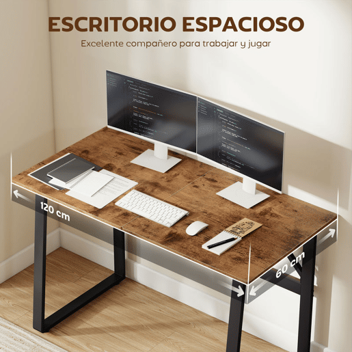 HOMCOM Secretária Estilo Industrial 120x60x76 cm Mesa de Computador com Estrutura de Aço Fácil de Montar para Casa Oficina Quarto Estudo Castanho Rústico