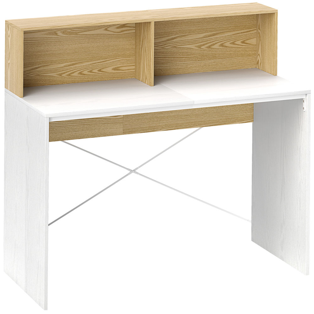 Homcom escritorio, 110x50x102,6 cm, mesa de escritorio, mesa de ordenador con 2 compartimentos abiertos y estante, fácil de montar, para casa, oficina, dormitorio, estudio, blanco y madera natural
