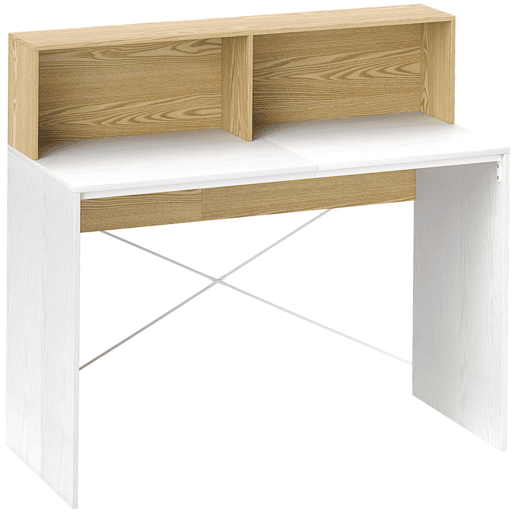 HOMCOM Secretária 110x50x102,6 cm Mesa de Escritório Mesa de Computador com 2 Compartimentos Abertos e Prateleira Fácil de Montar para Casa Escritório Quarto Estúdio Branco e Madeira