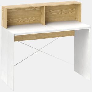 HOMCOM Secretária 110x50x102,6 cm Mesa de Escritório Mesa de Computador com 2 Compartimentos Abertos e Prateleira Fácil de Montar para Casa Escritório Quarto Estúdio Branco e Madeira