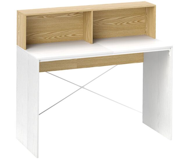 Homcom escritorio, 110x50x102,6 cm, mesa de escritorio, mesa de ordenador con 2 compartimentos abiertos y estante, fácil de montar, para casa, oficina, dormitorio, estudio, blanco y madera natural