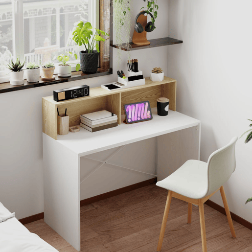 HOMCOM Secretária 110x50x102,6 cm Mesa de Escritório Mesa de Computador com 2 Compartimentos Abertos e Prateleira Fácil de Montar para Casa Escritório Quarto Estúdio Branco e Madeira