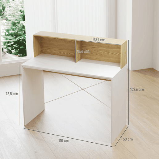 HOMCOM Secretária 110x50x102,6 cm Mesa de Escritório Mesa de Computador com 2 Compartimentos Abertos e Prateleira Fácil de Montar para Casa Escritório Quarto Estúdio Branco e Madeira