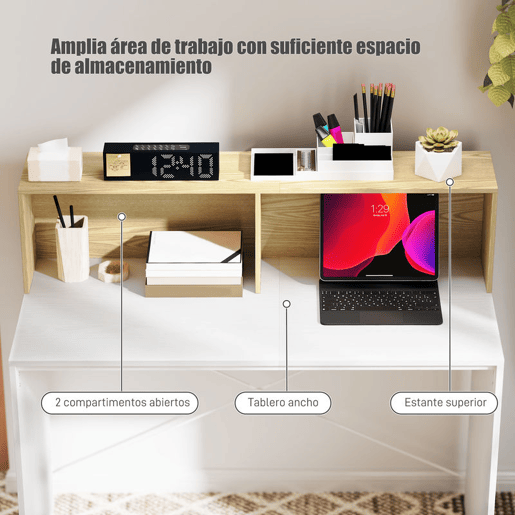 HOMCOM Secretária 110x50x102,6 cm Mesa de Escritório Mesa de Computador com 2 Compartimentos Abertos e Prateleira Fácil de Montar para Casa Escritório Quarto Estúdio Branco e Madeira