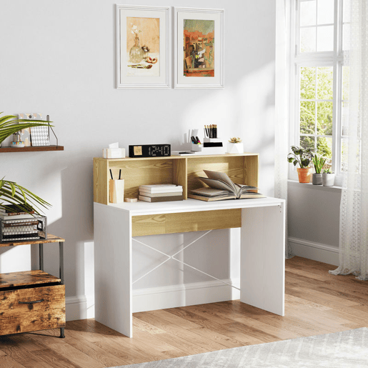 HOMCOM Secretária 110x50x102,6 cm Mesa de Escritório Mesa de Computador com 2 Compartimentos Abertos e Prateleira Fácil de Montar para Casa Escritório Quarto Estúdio Branco e Madeira
