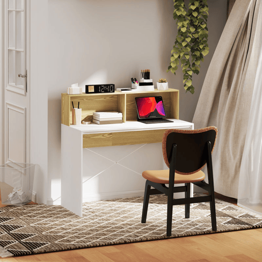 HOMCOM Secretária 110x50x102,6 cm Mesa de Escritório Mesa de Computador com 2 Compartimentos Abertos e Prateleira Fácil de Montar para Casa Escritório Quarto Estúdio Branco e Madeira