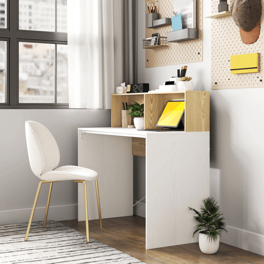 HOMCOM Secretária 110x50x102,6 cm Mesa de Escritório Mesa de Computador com 2 Compartimentos Abertos e Prateleira Fácil de Montar para Casa Escritório Quarto Estúdio Branco e Madeira